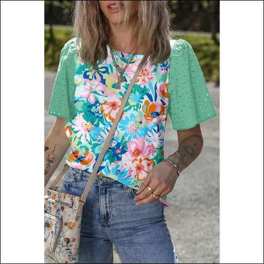 Chic Green Floral: Ironic Eyelet Instant Upgrade 🍀 Needful Things - s - Blouses on Sale Worldwide Shipping
