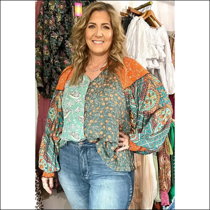 Chic Green Floral Patchwork: Finally a Top that Fits! 🌼 Needful Things - Plus Size Tops on Sale Worldwide Shipping