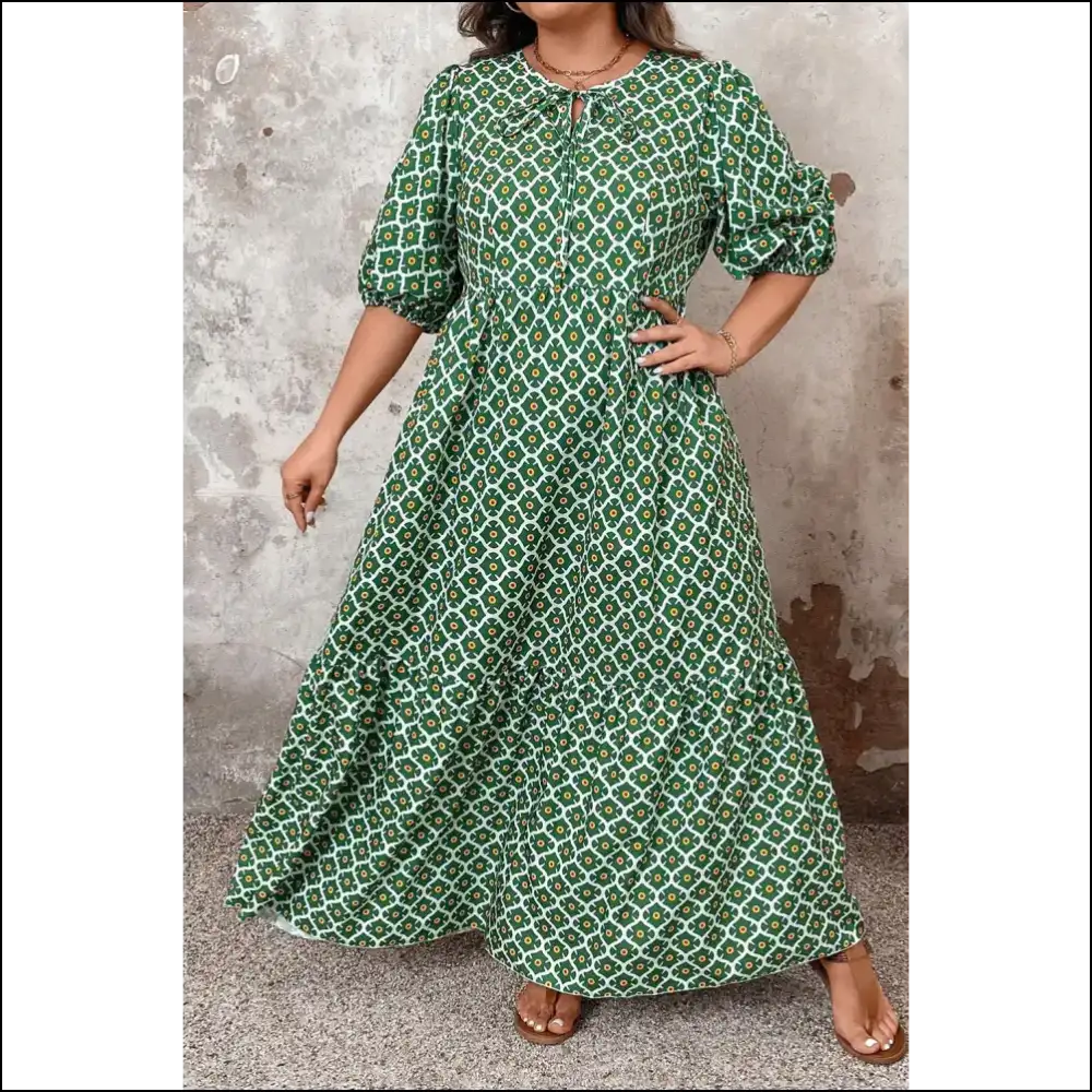 Chic Green Geometric Floral Maxi Dress: Look Good Hide the Snacks Needful Things 👗 - Plus Size Dresses on Sale Worldwide Shipping