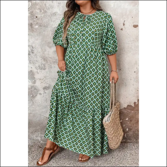 Chic Green Geometric Floral Maxi Dress: Look Good Hide the Snacks Needful Things 👗 - 1x - Plus Size Dresses on Sale Worldwide Shipping