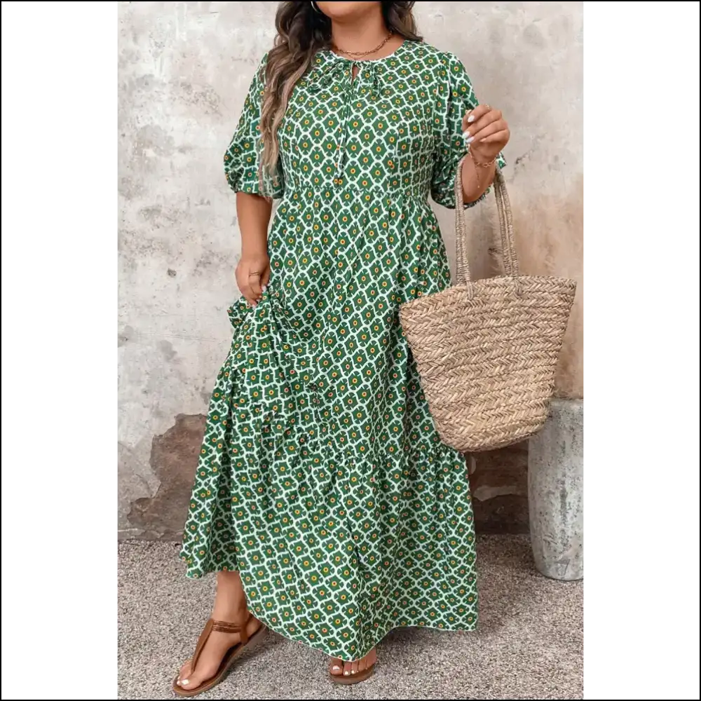 Chic Green Geometric Floral Maxi Dress: Look Good Hide the Snacks Needful Things 👗 - Plus Size Dresses on Sale Worldwide Shipping