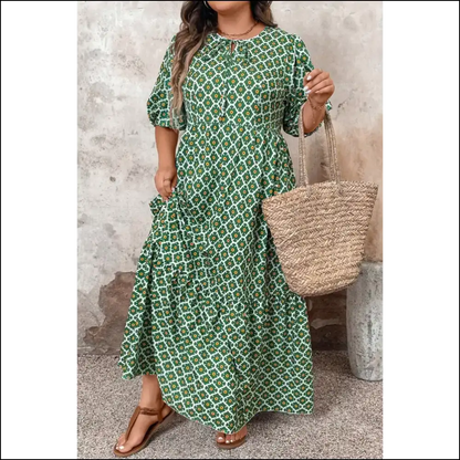 Chic Green Geometric Floral Maxi Dress: Look Good Hide the Snacks Needful Things 👗 - Plus Size Dresses on Sale Worldwide Shipping