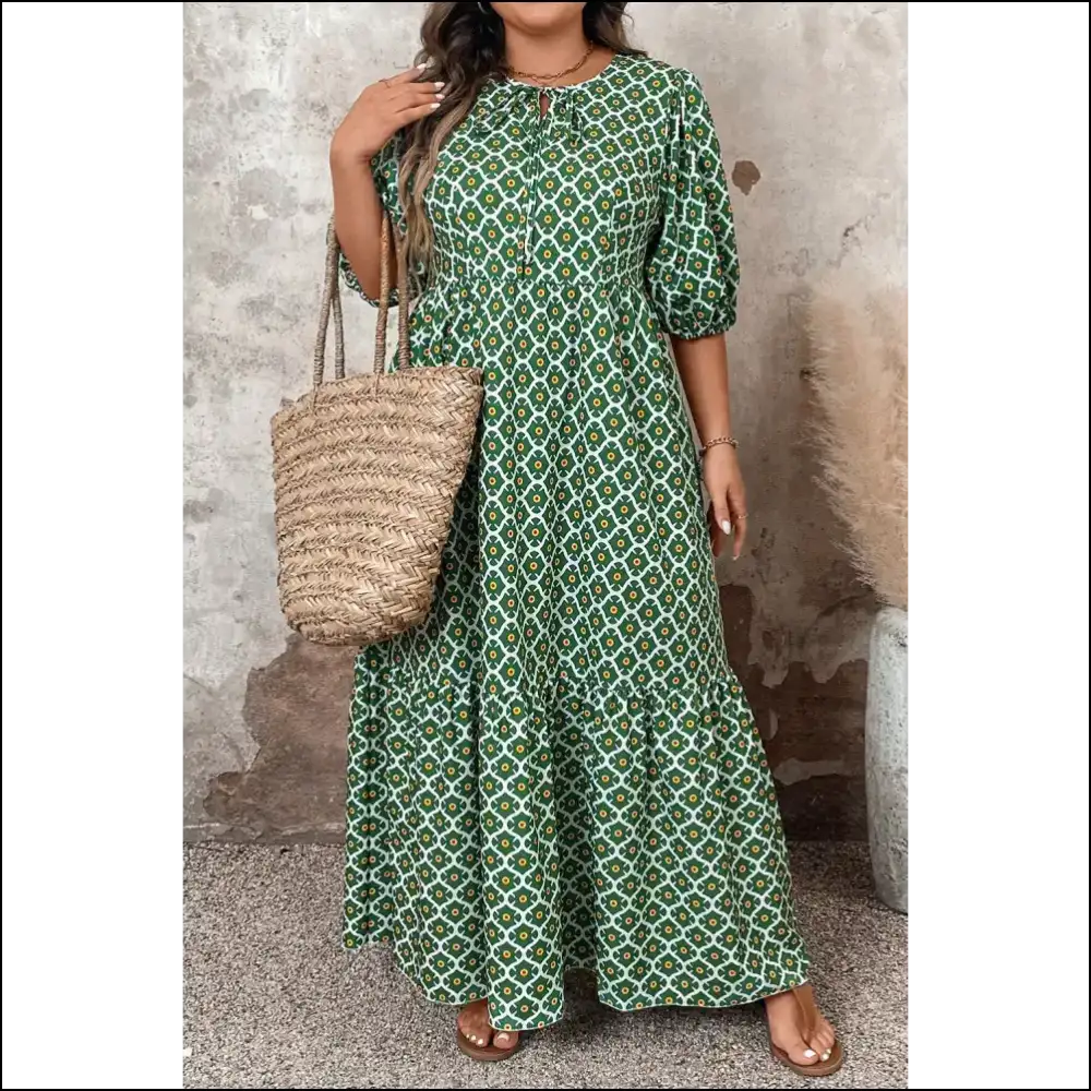 Chic Green Geometric Floral Maxi Dress: Look Good Hide the Snacks Needful Things 👗 - Plus Size Dresses on Sale Worldwide Shipping
