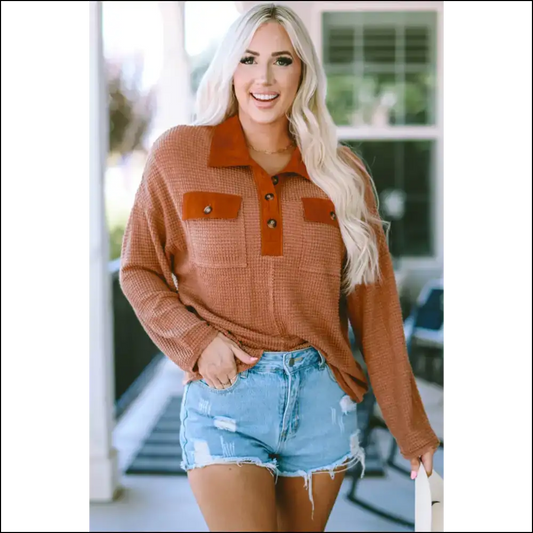 Chic Half-button Collared Long Sleeve Top - Caramel / Xl - Blouses on Sale Worldwide Shipping