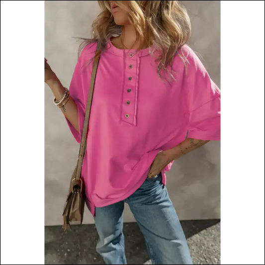 Chic Half Snap Dropped Shoulder Sweatshirt - Hot Pink / l - Sweatshirts & Hoodies on Sale Worldwide Shipping