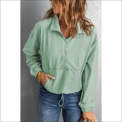 Chic Half-zip Exposed Seam Sweatshirt with Drawstring Hem - Gum Leaf / m - Sweatshirts & Hoodies on Sale Worldwide Shipping
