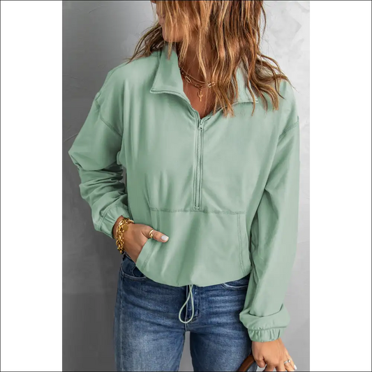 Chic Half-zip Exposed Seam Sweatshirt with Drawstring Hem - Gum Leaf / m - Sweatshirts & Hoodies on Sale Worldwide Shipping