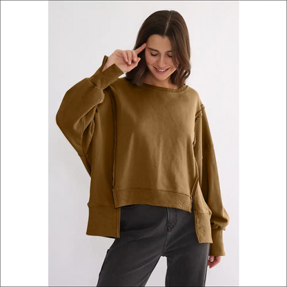 Chic High-low Exposed Seam Sweatshirt - Camel / one Size - Sweatshirts & Hoodies on Sale Worldwide Shipping