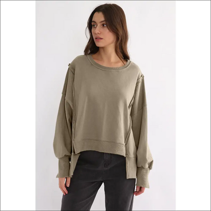 Chic High-low Exposed Seam Sweatshirt - Khaki / one Size - Sweatshirts & Hoodies on Sale Worldwide Shipping
