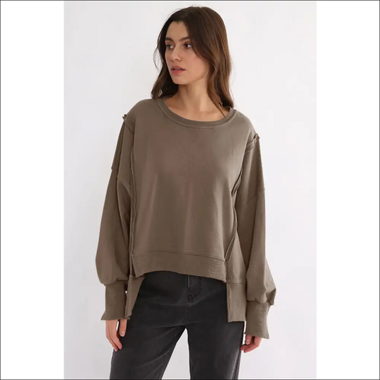 Chic High-low Exposed Seam Sweatshirt - Simply Taupe / one Size - Sweatshirts & Hoodies on Sale Worldwide Shipping
