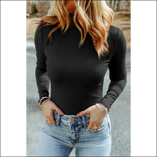 Chic High Neck Long Sleeve Ribbed Top - Black / s - Blouses on Sale Worldwide Shipping
