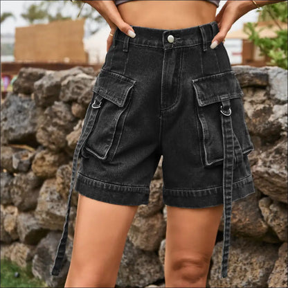 Chic High Waist Denim Cargo Shorts - Dark Gray / m - on Sale Worldwide Shipping