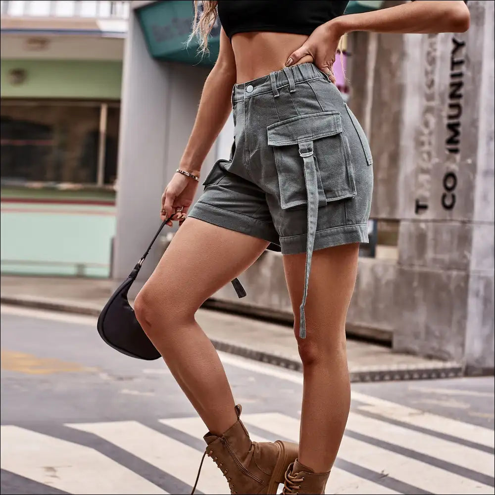 Chic High Waist Denim Cargo Shorts - on Sale Worldwide Shipping