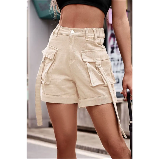 Chic High Waist Denim Cargo Shorts - Sand / m - on Sale Worldwide Shipping