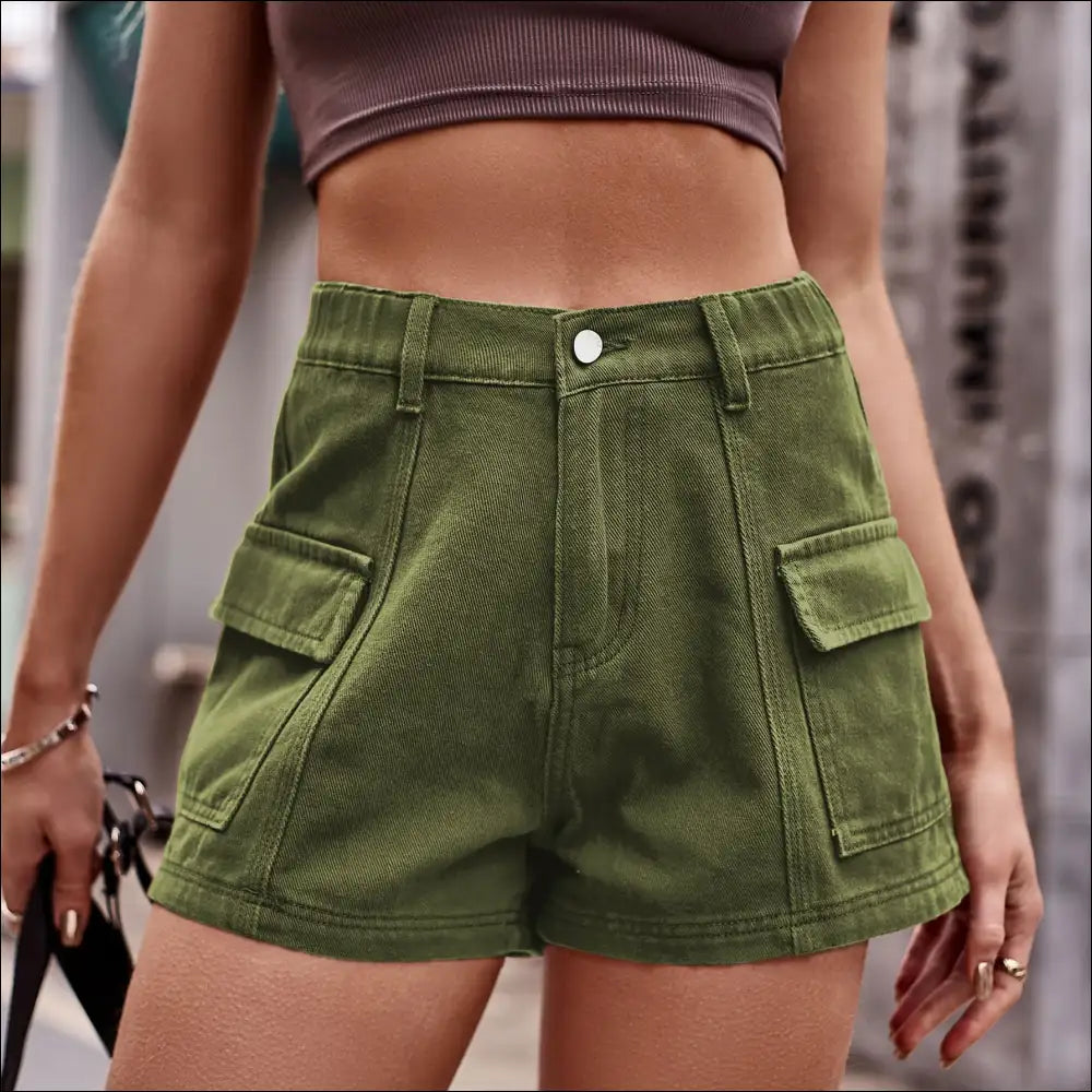 Chic High-waist Denim Shorts with Pockets - Moss / m - on Sale Worldwide Shipping