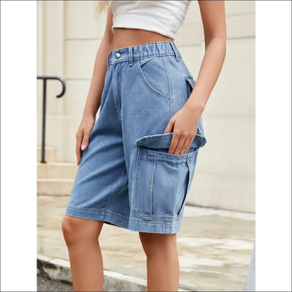 Chic High Waist Denim Shorts with Pockets - Medium / Xl - on Sale Worldwide Shipping
