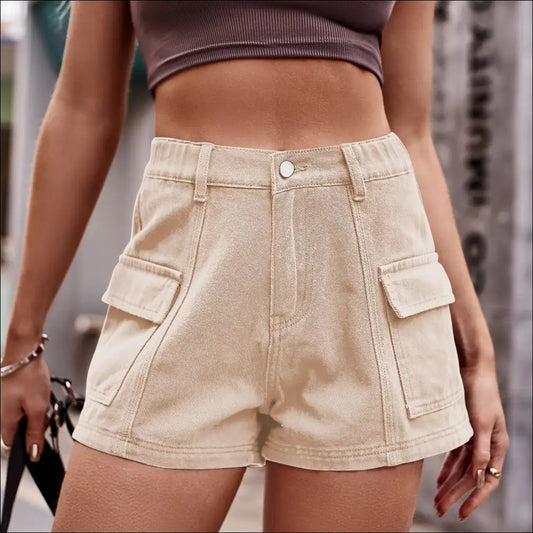 Chic High-waist Denim Shorts with Pockets - Tan / 2xl - on Sale Worldwide Shipping