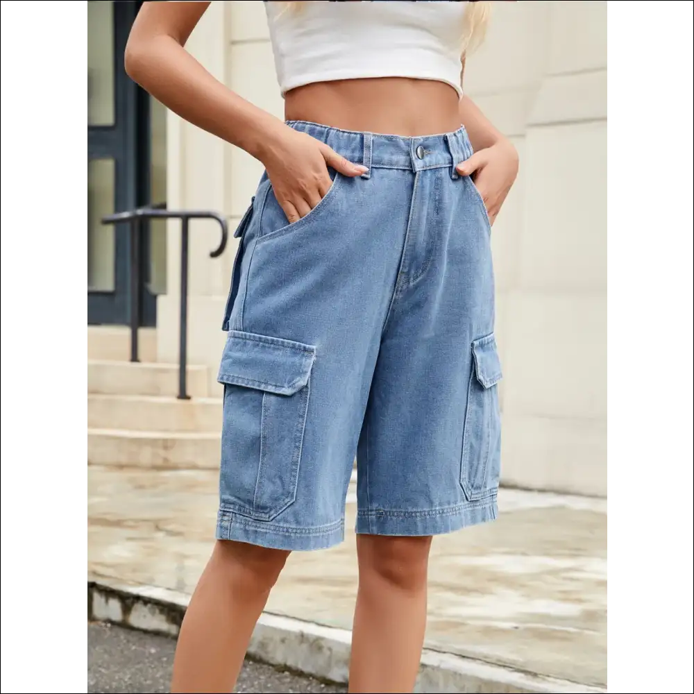 Chic High Waist Denim Shorts with Pockets - on Sale Worldwide Shipping