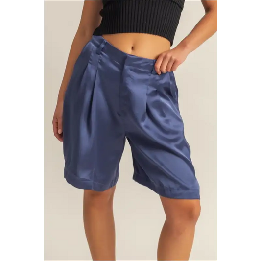 Chic High-waist Pleated Satin Shorts - Blue / s - on Sale Worldwide Shipping