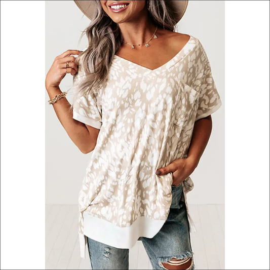 Chic Khaki Leopard Print v Neck Side Slit T-shirt - s - t Shirts on Sale Worldwide Shipping