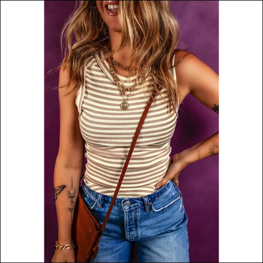 Chic Khaki Stripe Tank: Effortlessly Slay Needful Things 😎 - s - Tank Tops on Sale Worldwide Shipping