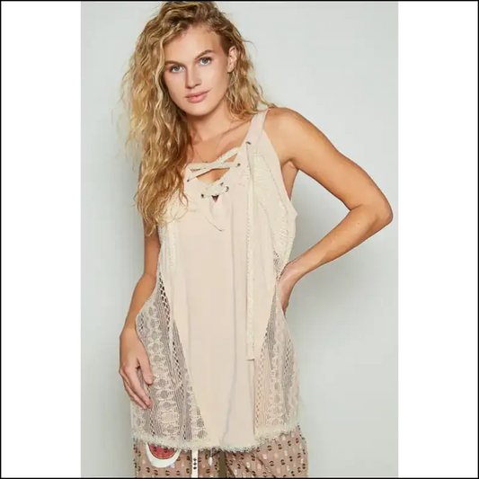 Chic Lace-up Crochet Tank Top - Beige / l - Tops on Sale Worldwide Shipping