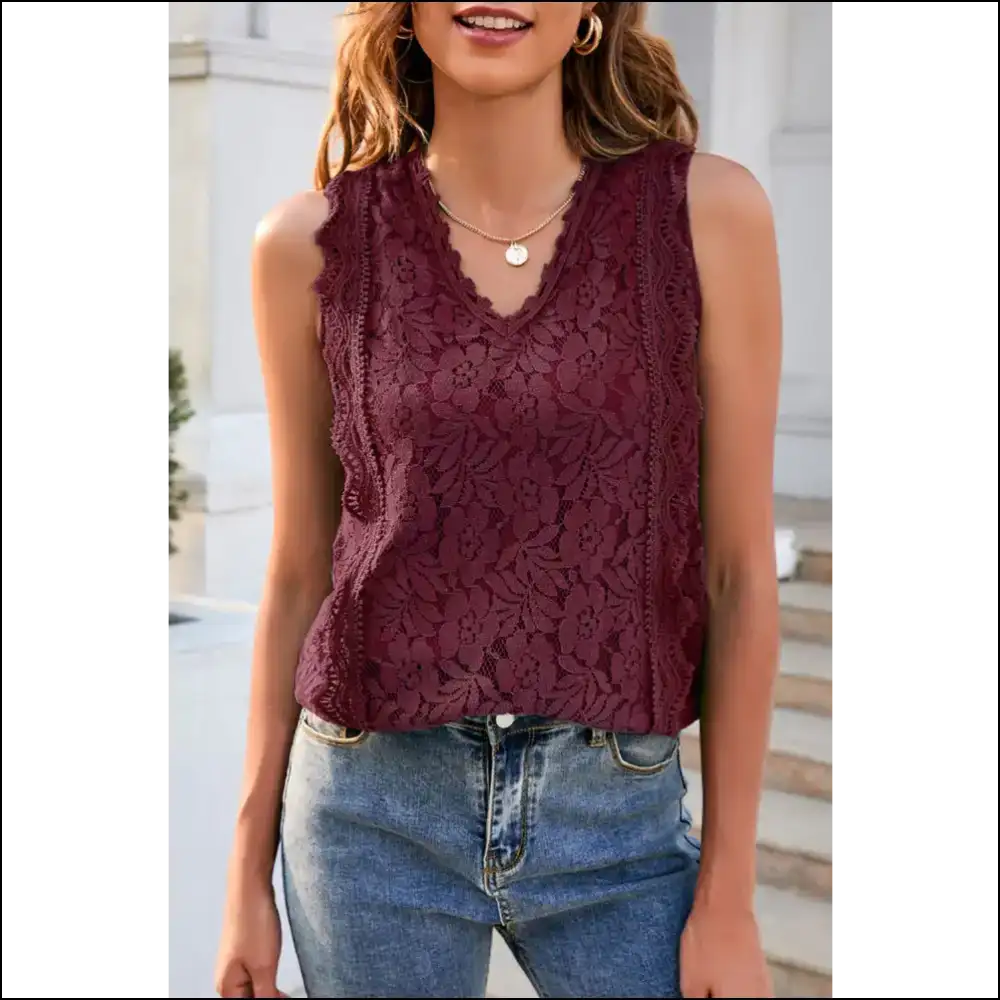 Chic Lace V-neck: your New Bff for Hot Mess Moments! 😎🔥 Needful Things - Burgundy / Xl - Tank Tops on Sale Worldwide Shipping
