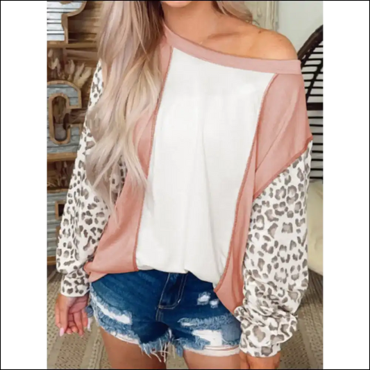 Chic Leopard Color Block Long Sleeve Blouse - Dusty Pink / l - Blouses on Sale Worldwide Shipping