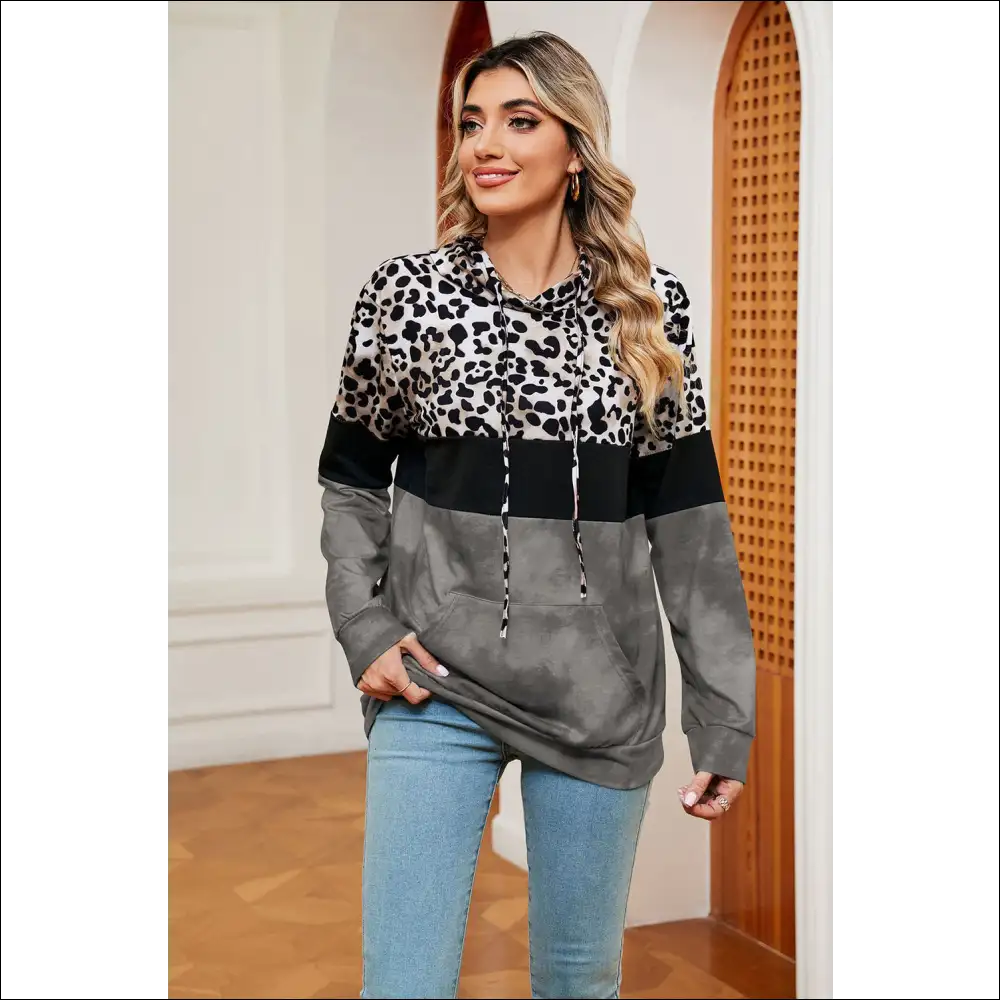 Chic Leopard Drawstring Hoodie with Pocket - Light / Xl - Hoodies Sweatshirts & on Sale Worldwide Shipping