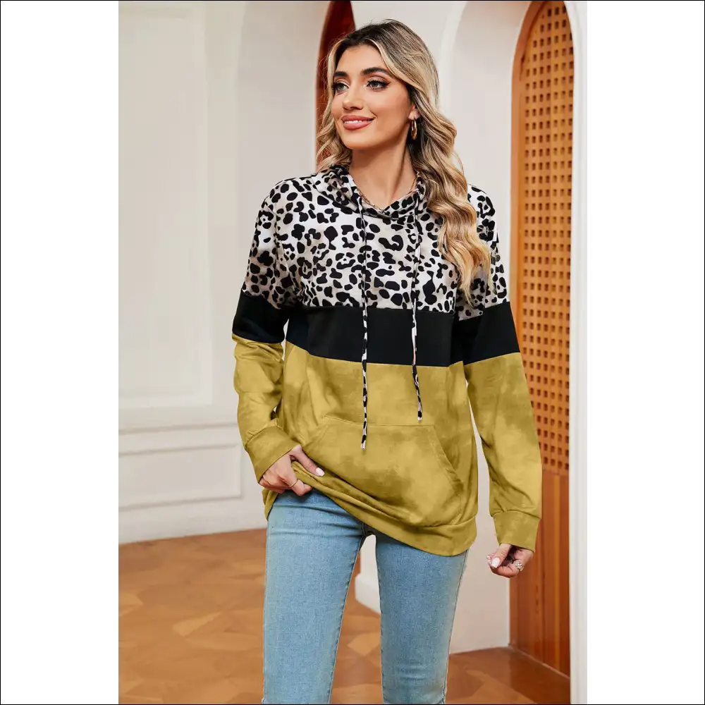 Chic Leopard Drawstring Hoodie with Pocket - Sand / 2xl - Hoodies Sweatshirts & on Sale Worldwide Shipping