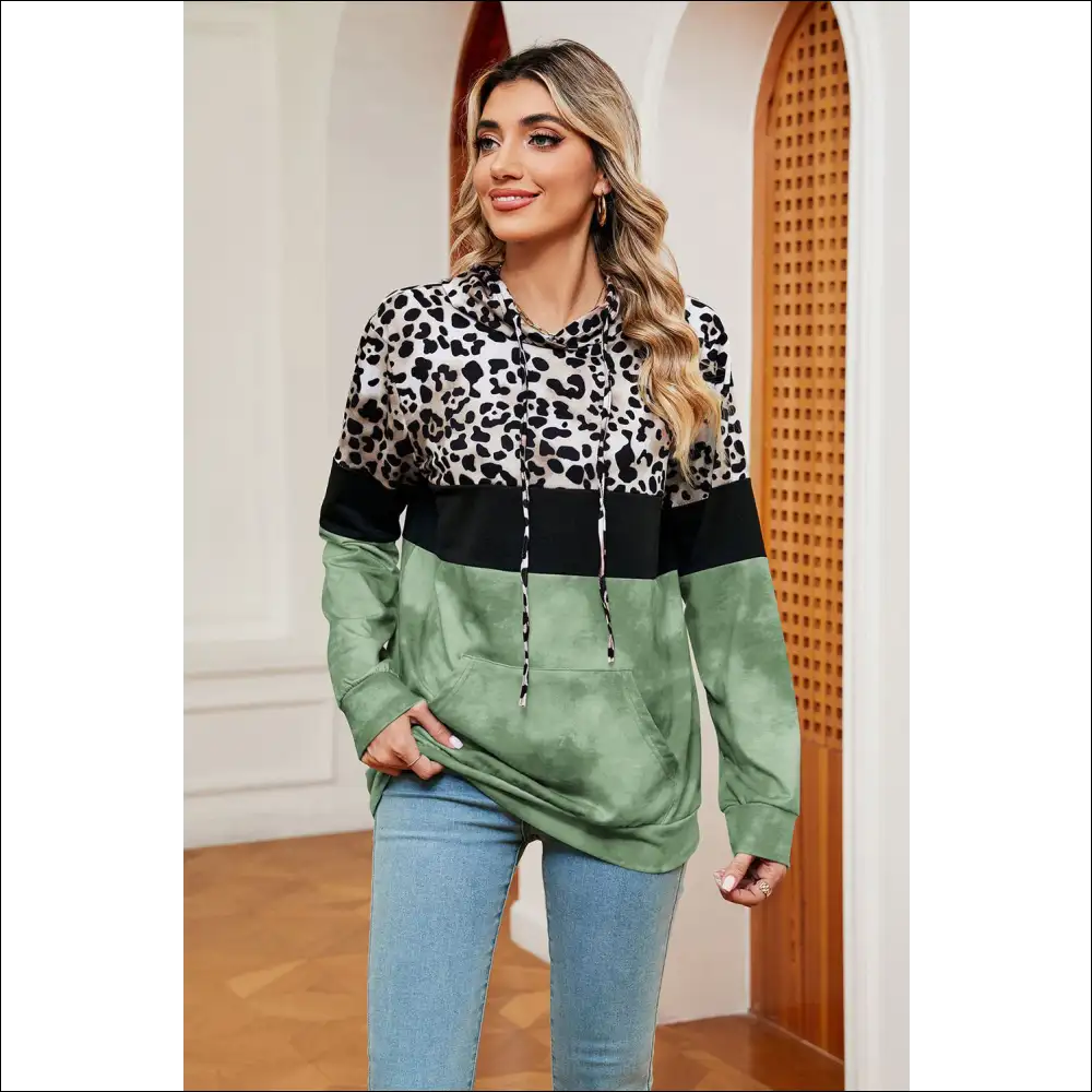 Chic Leopard Drawstring Hoodie with Pocket - Gum Leaf / Xl - Hoodies Sweatshirts & on Sale Worldwide Shipping