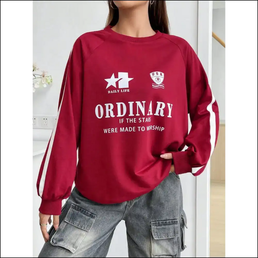 Chic Letter Graphic Round Neck Long Sleeve Sweatshirt - Red / s - Sweatshirts & Hoodies on Sale Worldwide Shipping