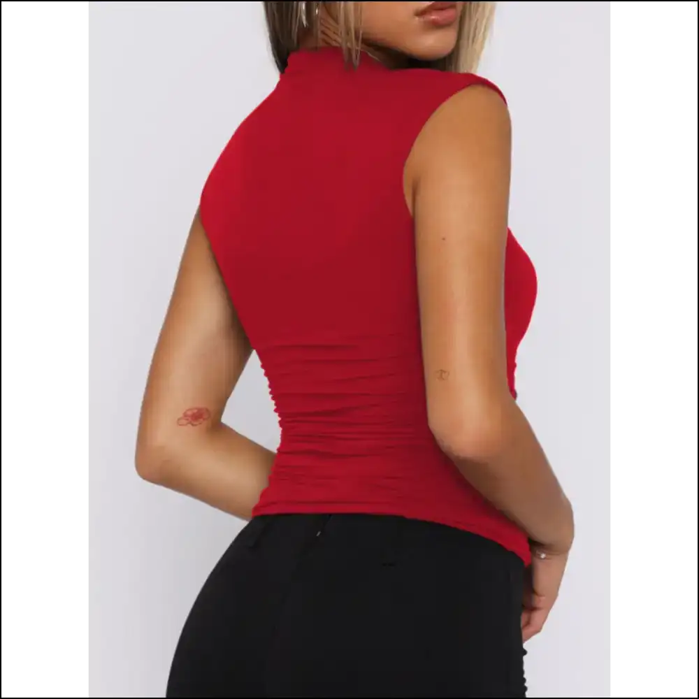 Chic Mock Neck Ruched Tank Top - Tomato Red / s - Tops on Sale Worldwide Shipping