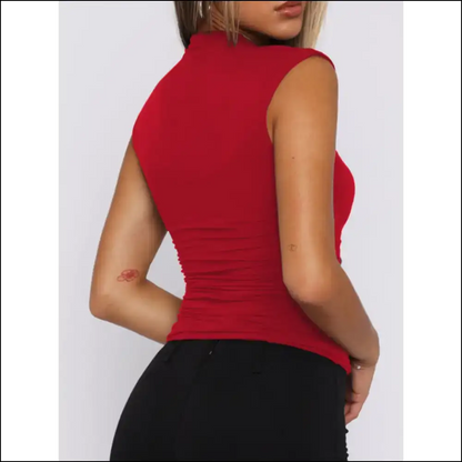 Chic Mock Neck Ruched Tank Top - Tomato Red / s - Tops on Sale Worldwide Shipping