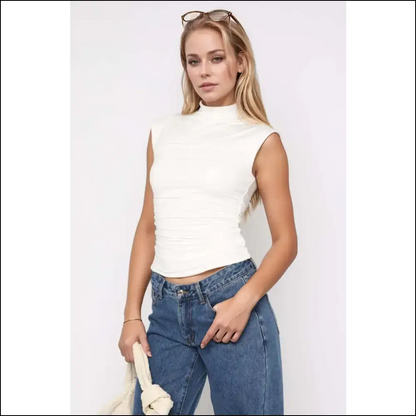 Chic Mock Neck Ruched Tank Top - White / s - Tops on Sale Worldwide Shipping