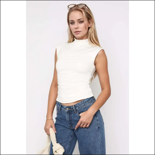 Chic Mock Neck Ruched Tank Top - White / s - Tops on Sale Worldwide Shipping