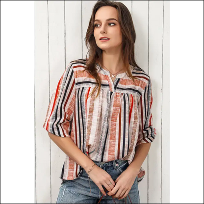 Chic Multicolored Stripe Notched Neck Top - Blouses on Sale Worldwide Shipping