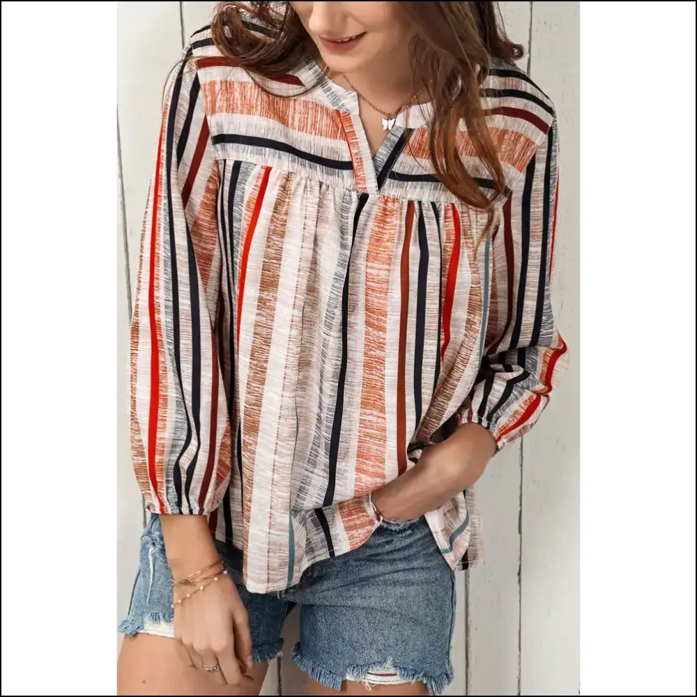 Chic Multicolored Stripe Notched Neck Top - Blouses on Sale Worldwide Shipping