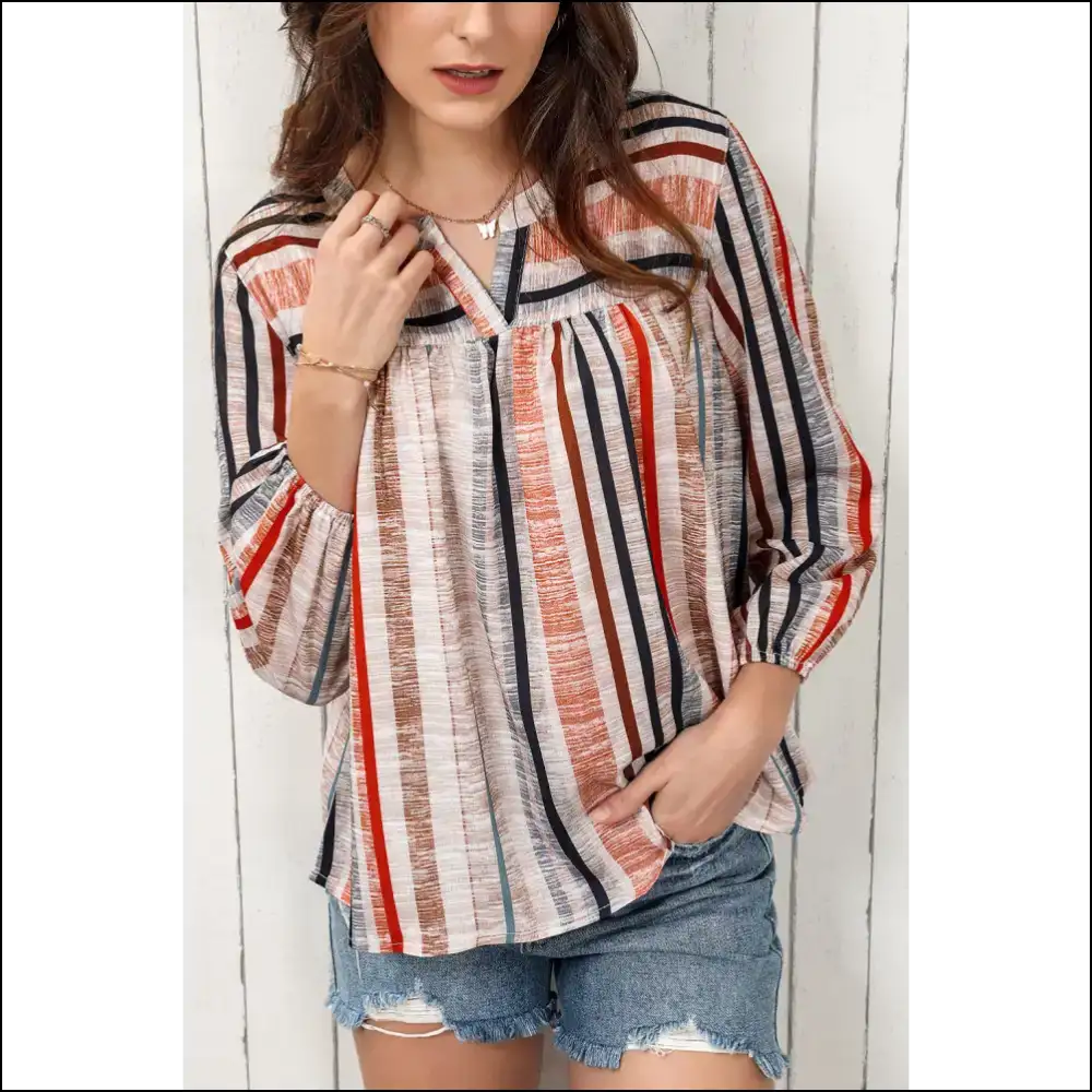 Chic Multicolored Stripe Notched Neck Top - Blouses on Sale Worldwide Shipping