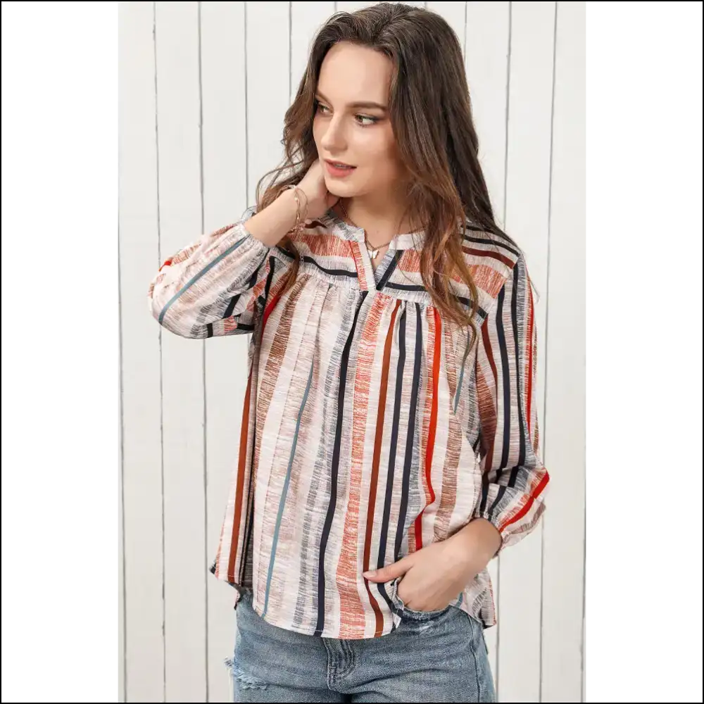 Chic Multicolored Stripe Notched Neck Top - Blouses on Sale Worldwide Shipping