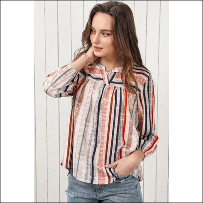 Chic Multicolored Stripe Notched Neck Top - Blouses on Sale Worldwide Shipping
