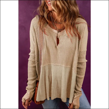 Chic Notched Neck Long Sleeve Blouse with Slit - Beige / s - Blouses on Sale Worldwide Shipping