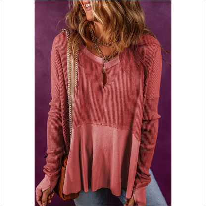 Chic Notched Neck Long Sleeve Blouse with Slit - Pink / s - Blouses on Sale Worldwide Shipping