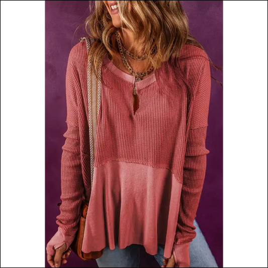 Chic Notched Neck Long Sleeve Blouse with Slit - Pink / s - Blouses on Sale Worldwide Shipping