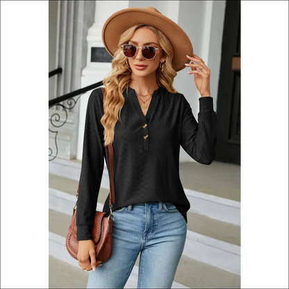 Chic Notched Neck Long Sleeve Buttoned Blouse - Black / s - Blouses on Sale Worldwide Shipping
