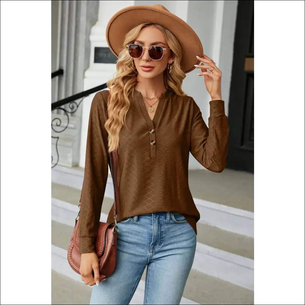 Chic Notched Neck Long Sleeve Buttoned Blouse - Brown / l - Blouses on Sale Worldwide Shipping