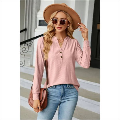 Chic Notched Neck Long Sleeve Buttoned Blouse - Dusty Pink / Xl - Blouses on Sale Worldwide Shipping