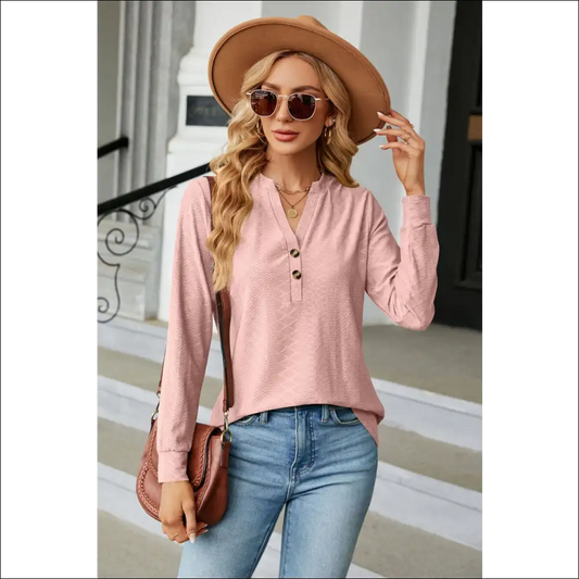 Chic Notched Neck Long Sleeve Buttoned Blouse - Dusty Pink / Xl - Blouses on Sale Worldwide Shipping