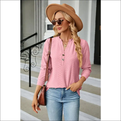 Chic Notched Neck Long Sleeve Buttoned Blouse - Pink / s - Blouses on Sale Worldwide Shipping