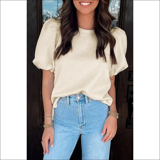 Chic Oatmeal Textured Puff Sleeve T-shirt - s - t Shirts on Sale Worldwide Shipping